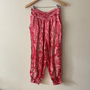 Anthropologie pink velour embroidered harem pant crop jogger crushed velvet sz M